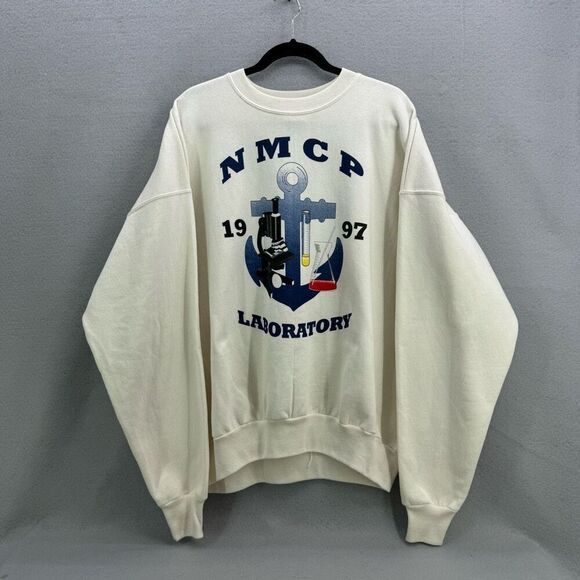 Vintage Hanes Mens Cream NMCP 1997 Laboratory Graphic Logo Sweatshirt Size 2XL - Picture 6 of 9